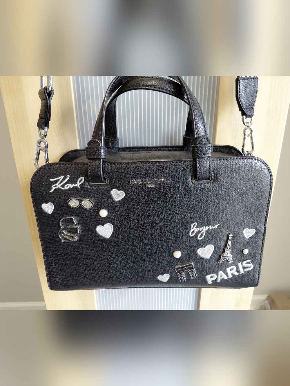 Karl Lagerfeld Black Embellished Crossbody Purse W/Adjustable Strap Maybelle